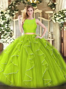 Luxurious Yellow Green Ball Gowns Organza Scoop Sleeveless Lace and Ruffles Floor Length Zipper Sweet 16 Dress