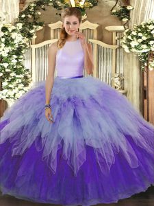 Multi-color Tulle Backless High-neck Sleeveless Floor Length Quinceanera Gown Ruffles