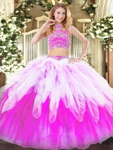 Shining Multi-color Sweet 16 Dresses Military Ball and Sweet 16 and Quinceanera with Beading and Ruffles High-neck Sleeveless Backless