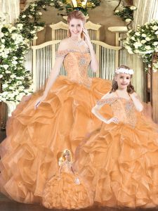 Floor Length Lace Up 15 Quinceanera Dress Orange Red for Military Ball and Sweet 16 and Quinceanera with Beading and Ruffles