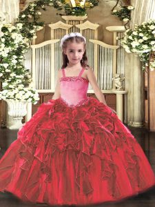Red Organza Lace Up Straps Sleeveless Floor Length Kids Pageant Dress Appliques and Ruffles