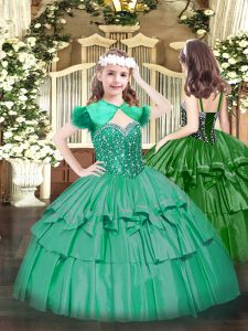 Sleeveless Floor Length Beading and Ruffled Layers Lace Up Girls Pageant Dresses with Turquoise