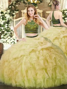 Beading and Ruffles Ball Gown Prom Dress Yellow Green Zipper Sleeveless Floor Length