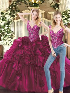 Organza V-neck Sleeveless Lace Up Beading and Ruffles Quinceanera Gowns in Fuchsia