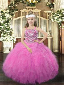 Floor Length Rose Pink Pageant Dress Wholesale Organza Sleeveless Beading and Ruffles