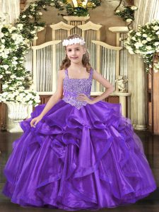 Beading and Ruffles Kids Pageant Dress Purple Lace Up Sleeveless Floor Length