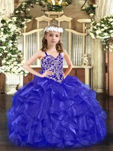Hot Selling Floor Length Blue Pageant Gowns For Girls Organza Sleeveless Beading and Ruffles