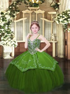 Olive Green Spaghetti Straps Lace Up Beading and Embroidery Glitz Pageant Dress Sleeveless