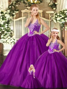Tulle Straps Sleeveless Lace Up Beading Vestidos de Quinceanera in Purple