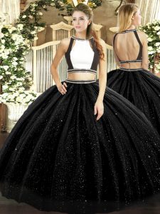 On Sale Black Tulle Backless Quinceanera Gown Sleeveless Floor Length Ruching