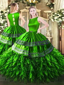Custom Design Green Satin and Organza Clasp Handle 15th Birthday Dress Sleeveless Floor Length Ruffles