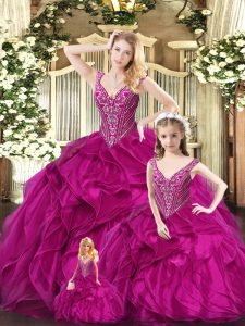 Fuchsia Sleeveless Floor Length Ruffles Lace Up Quinceanera Gown