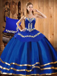 Blue Lace Up Sweetheart Embroidery 15th Birthday Dress Satin and Tulle Sleeveless