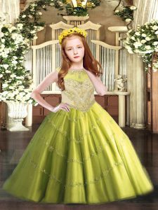 Custom Design Olive Green Zipper Little Girl Pageant Gowns Beading and Appliques Sleeveless Floor Length