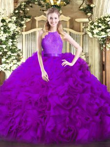Popular Scoop Sleeveless Zipper Quinceanera Dress Eggplant Purple Fabric With Rolling Flowers