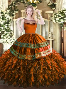 Rust Red Zipper Scoop Beading and Appliques and Ruffles Sweet 16 Quinceanera Dress Organza and Taffeta Sleeveless