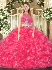 Coral Red Zipper Scoop Beading and Ruffles Quinceanera Gowns Organza Sleeveless
