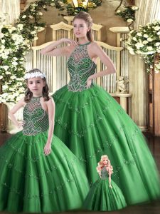 Floor Length Dark Green Ball Gown Prom Dress Halter Top Sleeveless Lace Up