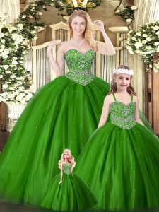 High End Sleeveless Floor Length Beading Lace Up Vestidos de Quinceanera with Green