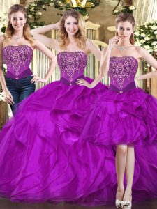 Tulle Strapless Sleeveless Lace Up Beading and Ruffles 15 Quinceanera Dress in Fuchsia