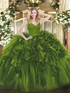 Olive Green Organza Backless Quinceanera Gown Sleeveless Floor Length Beading and Lace and Ruffles