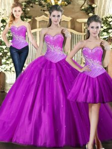 Tulle Sweetheart Sleeveless Lace Up Beading Ball Gown Prom Dress in Fuchsia