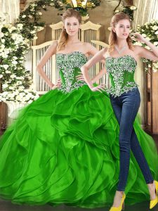 Sweet Green Sleeveless Floor Length Beading and Ruffles Lace Up 15 Quinceanera Dress