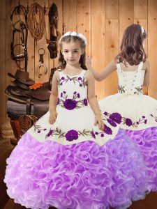 Enchanting Lilac Sleeveless Floor Length Embroidery and Ruffles Lace Up Little Girl Pageant Dress