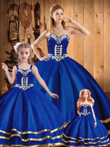Best Selling Blue Ball Gowns Sweetheart Sleeveless Tulle Floor Length Lace Up Embroidery Quince Ball Gowns