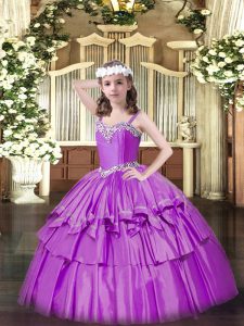 Lilac Sleeveless Beading and Ruffled Layers Floor Length Little Girls Pageant Dress