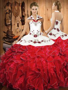 Low Price Floor Length Wine Red Quince Ball Gowns Satin and Organza Sleeveless Embroidery and Ruffles