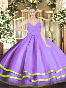 Deluxe Lavender Organza Zipper Vestidos de Quinceanera Sleeveless Floor Length Ruffled Layers