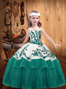 Turquoise Lace Up Straps Embroidery Little Girls Pageant Gowns Organza Sleeveless