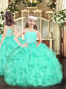 Turquoise Sleeveless Organza Zipper Child Pageant Dress for Party and Quinceanera