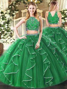 Green Sleeveless Floor Length Beading and Ruffles Zipper Sweet 16 Dress