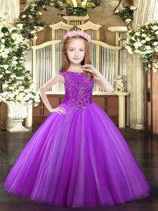 Lavender Ball Gowns Beading Little Girl Pageant Dress Zipper Tulle Sleeveless Floor Length