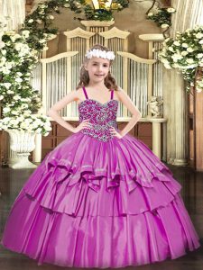 Excellent Fuchsia Ball Gowns Beading and Ruffled Layers Pageant Gowns For Girls Lace Up Organza Sleeveless Floor Length