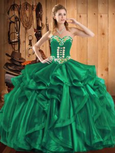 Turquoise Organza Lace Up 15th Birthday Dress Sleeveless Floor Length Embroidery and Ruffles