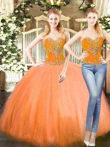 Sweet Orange Red Two Pieces Sweetheart Sleeveless Tulle Floor Length Lace Up Beading Quince Ball Gowns