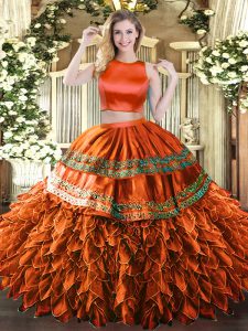 Rust Red Sleeveless Tulle Criss Cross Ball Gown Prom Dress for Military Ball and Sweet 16 and Quinceanera