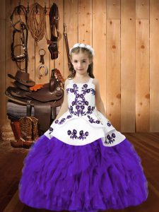 Simple Eggplant Purple Lace Up Pageant Dress for Teens Embroidery and Ruffles Sleeveless Floor Length