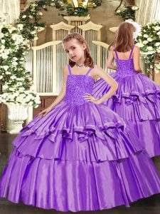 Fancy Floor Length Lace Up Little Girl Pageant Dress Lavender for Party and Sweet 16 and Quinceanera and Wedding Party with Beading and Ruffled Layers