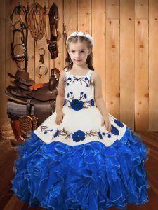 Elegant Floor Length Blue Pageant Gowns For Girls Straps Sleeveless Lace Up