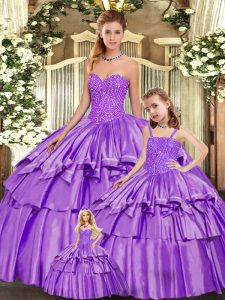 Customized Eggplant Purple Ball Gowns Organza Sweetheart Sleeveless Beading and Ruffled Layers Floor Length Lace Up Sweet 16 Dress