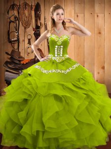 New Arrival Sweetheart Sleeveless Quince Ball Gowns Floor Length Embroidery and Ruffles Olive Green Satin and Organza