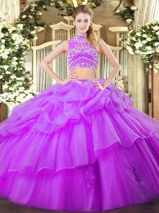 Admirable Sleeveless Floor Length Beading and Ruffles and Pick Ups Backless Quinceanera Dress with Eggplant Purple