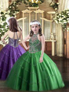 Best Ball Gowns Little Girls Pageant Gowns Green Halter Top Tulle Sleeveless Floor Length Lace Up