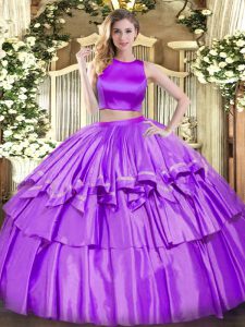 Colorful Eggplant Purple High-neck Neckline Ruffled Layers Quince Ball Gowns Sleeveless Criss Cross