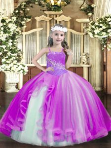 Fuchsia Tulle Lace Up Straps Sleeveless Floor Length Little Girls Pageant Dress Wholesale Beading