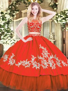 Red Tulle Zipper Quince Ball Gowns Sleeveless Floor Length Beading and Appliques